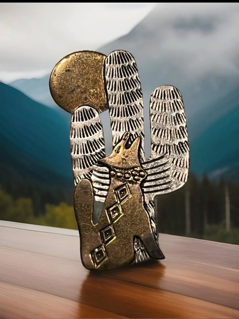 F Ramone Sterling Pin Cactus Coyote Native American
